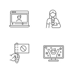 Broadcasting pixel perfect linear icons set. Watch vlog on laptop. Journalist broadcasting news. Customizable thin line contour symbols. Isolated vector outline illustrations. Editable stroke