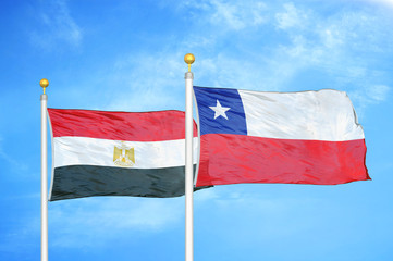 Egypt and Chile two flags on flagpoles and blue cloudy sky