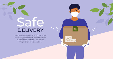 Safe delivery concept. Stay home and order food or goods by courier service. Man in medical protective mask and gloves holding box with products. Isolation, coronavirus quarantine. Vector illustration