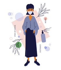 Coronavirus pandemic abstract collage with geometric objects. Cute girl in protective face mask, sanitizer spray, plant leaf. Inscriptions Stay home, Distance and News. Quarantine vector illustration.
