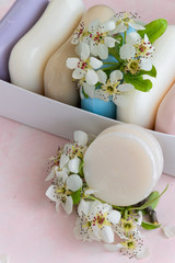 Handmade soaps with wild flowers extract. Hygiene, artisanal products
