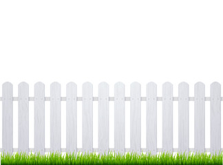 White fence with grass. Wooden picket background isolated farm garden barier illustration