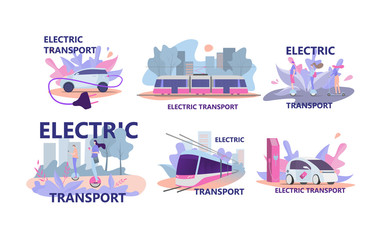 Naklejka premium Electric city transport vector illustration. Cartoon flat modern electrical segway, train, car parking recharge battery. Eco friendly green alternative transportation vehicles set isolated on white