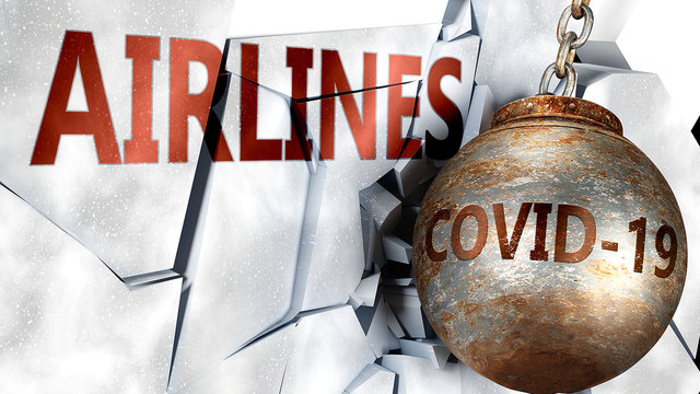 Covid And Airlines,  Symbolized By The Coronavirus Virus Destroying Word Airlines To Picture That The Virus Affects Airlines And Leads To Recession And Crisis, 3d Illustration