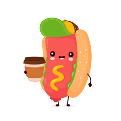 Cute happy smiling hot dog with coffee cup