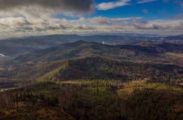 Forest and mountains silhouettes in sunset, Aerial, Poland ski resorts