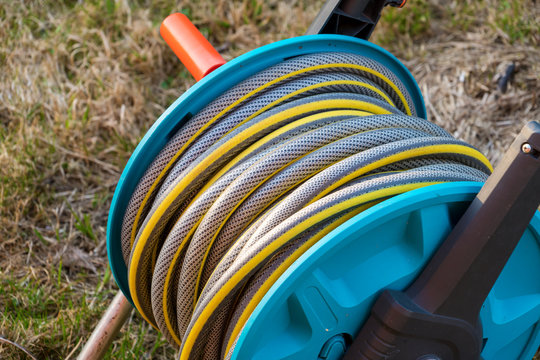 Close-up Of Garden Hose Reel For Irrigation