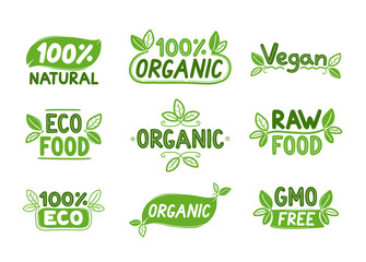 Eco, organic food logos or signs