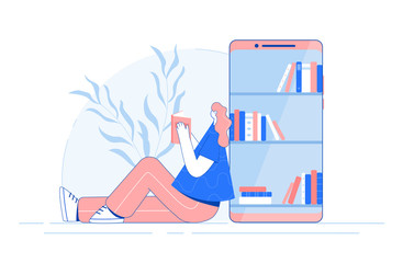 Young woman is standing near big smartphone and reading book. Online library concept.