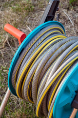 Close-up of garden hose reel for irrigation