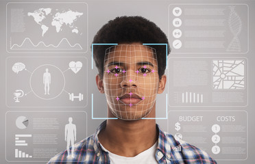 Biometric info collection. Identity verification of African American guy, digital data on virtual...