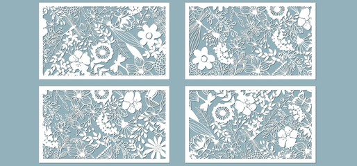 Set template for laser cutting and Plotter. Flowers, leaves for decoration. Vector illustration. Sticker set. Pattern for the laser cut, serigraphy, plotter and screen printing.