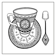 Tea cup saucer spoon doodle graphics 
