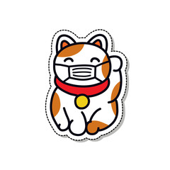 maneki neko in a protective mask doodle icon, vector illustration