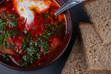 Ukraine borscht with sour creamc and bread