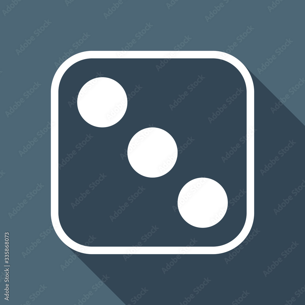 Poster one dice with number three on visible side. icon of casino games