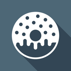 Donut, icon of food, top view. White flat icon with long shadow