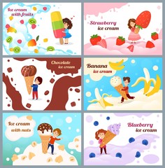 Child with ice cream vector illustration. Cartoon tiny girl boy kid character holding icecream waffle cone, happy children eat fruit or berry, banana chocolate dessert. Summer sweet food banner set