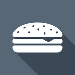 Hamburger icon. Fast food. White flat icon with long shadow on b