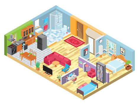 Isometric apartment layout, room interior in modern house, indoor plan view, vector illustration. Cozy home furniture layout planning, living room, bedroom and kitchen in isometric cartoon style