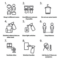 Advice for staying in home with someone who is high risk or sick from coronavirus (COVID 19) icon set. Vector.