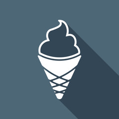 Ice cream in waffle cup. Simple icon. White flat icon with long