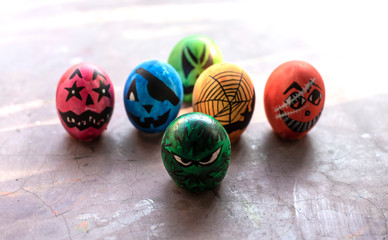 Eggshells painted as face animation to represent Corona virus. Animation art and object photography.