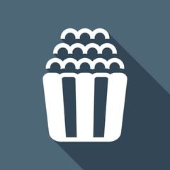 Popcorn icon, snack for movie, paper box of food. White flat ico