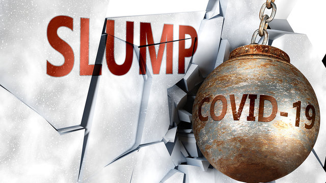 Covid and slump,  symbolized by the coronavirus virus destroying word slump to picture that the virus affects slump and leads to recession and crisis, 3d illustration
