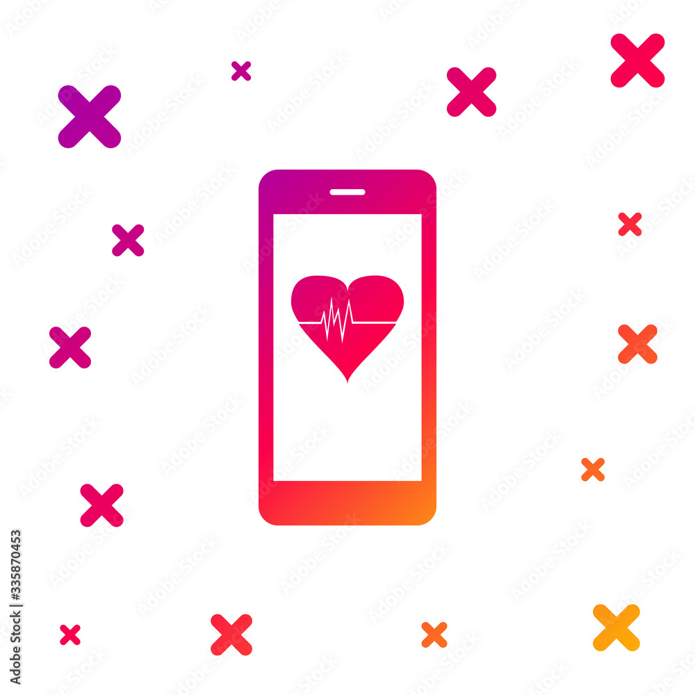 Poster color smartphone with heart rate monitor function icon isolated on white background. gradient random