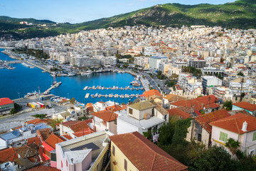 Fototapeta na wymiar Aerial panoramic view with the city of Kavala in northern Greece with marina and seafront promenade