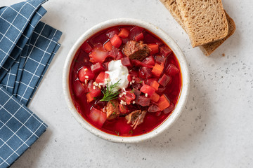 Beetroot soup: Traditional Ukrainian Russian borscht with sour cream