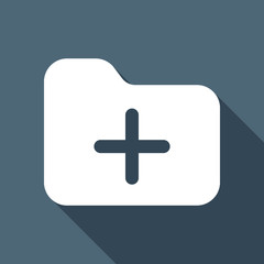 Fototapeta premium Folder with plus mark, business icon. White flat icon with long