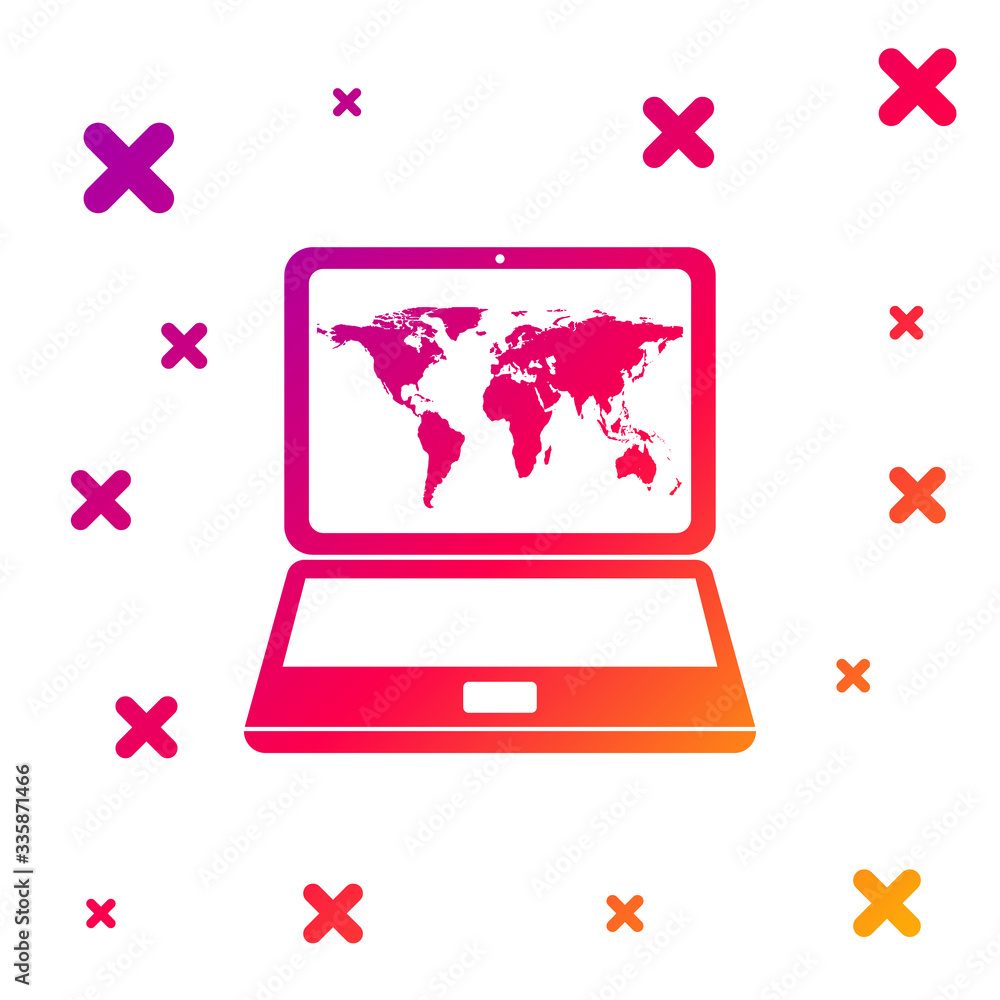 Poster color laptop with world map on screen icon isolated on white background. world map geography symbol.
