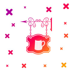 Color Street signboard hanging on forged brackets with wooden mug of beer icon on white background. Suitable for bar, tavern, cafe, pub, restaurant. Gradient random dynamic shapes. Vector Illustration