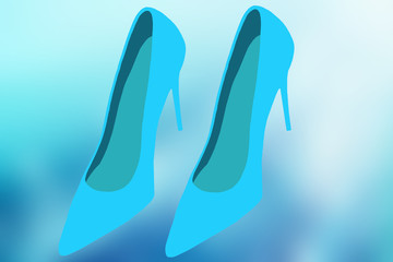 Female high heels. Abstract blue elegant high-heeled female shoes on light blue background. Advertising fashionable and modern shoe store, womans day,  Card concept with copy space.