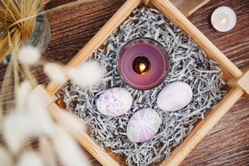 easter eggs collection on wooden background
