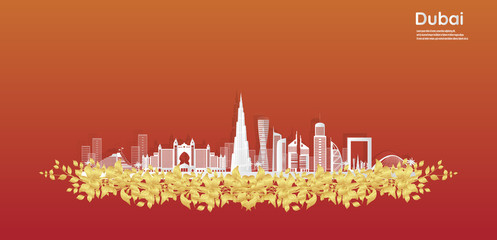 Dubai city in a panoramic view with the city skyline with important landmarks and world famous Vector style paper cut-  illustration
