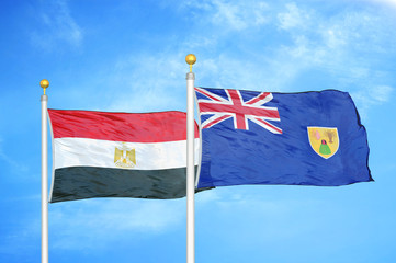 Egypt and Turks and Caicos Islands two flags on flagpoles and blue cloudy sky