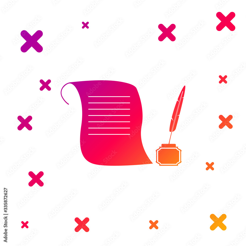 Poster color feather in the inkwell and paper scroll icon isolated on white background. gradient random dyn