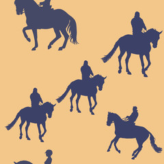 dark blue silhouettes of sports horses and riders isolated on a colored background, pattern for decoration, Equestrian sports