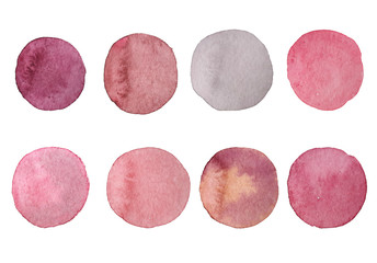 Set of pink and blush watercolor circles. Hand painted Spots on a white background. Round. Isolated. Blobs of different colors