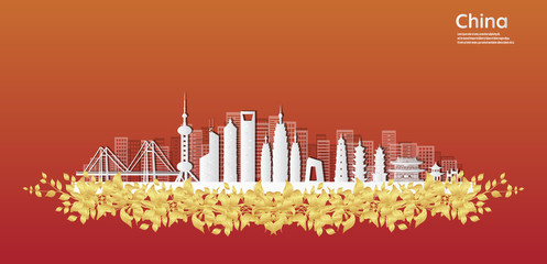 Shanghai, China Postcards of world-famous landmarks, panoramas, tours, world-famous places in paper cut style vector illustration