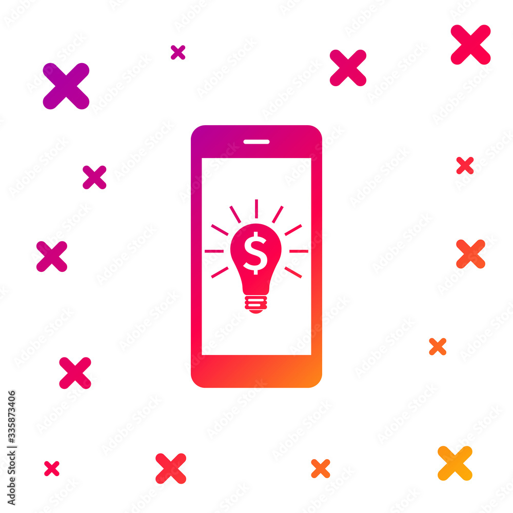 Poster Color Business light bulb with dollar on smartphone screen icon isolated on white background. User touch screen. Gradient random dynamic shapes. Vector Illustration