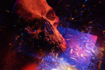 Mystical background with ritual esoteric objects, occultism, fortune telling and Halloween concept....