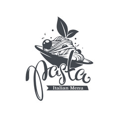 Pasta Italian  Menu,  spaghetti image hand drawn lettering composition for yout logo, emblem, label - 335873698