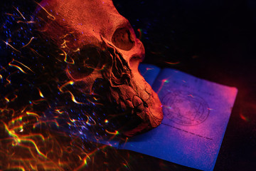 Mystical background with ritual esoteric objects, occultism, fortune telling and Halloween concept....