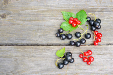 Fototapeta na wymiar Black and red currant berries on old ristic wooden background