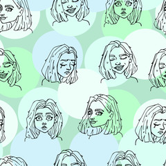 vector seamless pattern with hand-drawn faces of women. happy, crying, surprised girl. can be used as Wallpaper, background, print, textile design, notebooks, phone cases, packaging paper, and more.