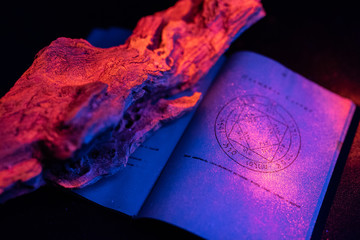 Mystical background with ritual esoteric objects, occultism, fortune telling and Halloween concept....
